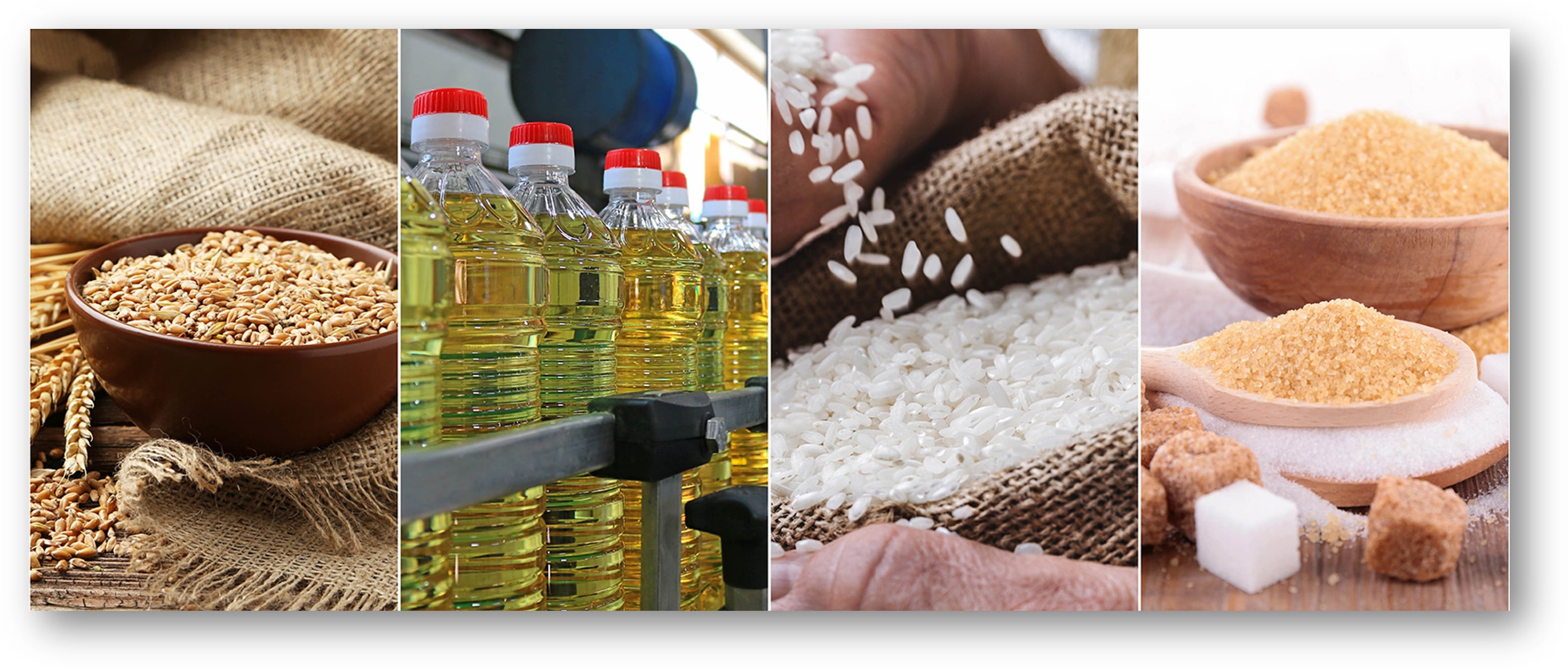 Four panels: wheat grain in a bowl on hessian sacking, filled cooking-oil bottles on a production line, milled white rice running through a hand onto a sack, and raw and refined sugar in a bowl and spoon
