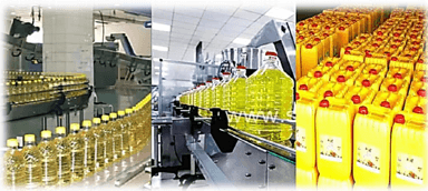 Bottles moving along an edible-oil filling line, and finished bottles packed for despatch
